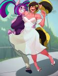  amber_eyes anthro aria_blaze_(eg) arm_around_shoulders blush bodily_fluids breasts cleavage clothed clothing dress equestria_girls equid equine female female/female footwear hair hand_around_waist hasbro hi_res high_gear_(oc) high_heels holding_each_other horse mammal my_little_pony pigtails ponification pony ponytail purple_eyes sandals shoes sweat torionion 