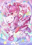  3girls absurdres ahoge animal_slippers apron blush bow bunny_slippers carrot chibikemo commentary_request dress fang frills furry furry_female hair_between_eyes hair_bow heart heart_ahoge highres lolita_fashion long_sleeves loose_socks mayokichi_(user_vacf3782) mini_person minigirl multiple_girls one_eye_closed open_mouth original pink_dress pink_hair pink_slippers pink_theme pom_pom_(clothes) purple_bow rabbit rabbit_girl red_bow red_eyes skin_fang slippers smile socks solo_focus stuffed_animal stuffed_rabbit stuffed_toy sweet_lolita twintails white_apron yume_kawaii 