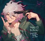  1boy bangs baru_(bar_0405) blood character_name coat collarbone commentary_request danganronpa_(series) danganronpa_2:_goodbye_despair dated finger_on_trigger green_background green_coat green_eyes grey_eyes grey_hair gun hair_between_eyes handgun hands_up happy_birthday highres holding holding_gun holding_weapon hooded_coat index_finger_raised komaeda_nagito long_sleeves looking_at_viewer male_focus messy_hair multicolored multicolored_background open_clothes open_coat parted_lips pink_blood print_shirt shirt short_hair smile solo teeth upper_body weapon white_hair 