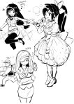  1boy 2girls adelbert_steiner alternate_costume alternate_universe arms_under_breasts back_bow baseball_cap beatrix_(ff9) black_choker black_hair bow breasts choker crop_top crossed_arms dede_(qwea_00000) eyepatch final_fantasy final_fantasy_ix garnet_til_alexandros_xvii gloves greyscale hair_ribbon hat headset highres holding holding_microphone idol idol_clothes long_hair low-tied_long_hair manager medium_breasts microphone midriff monochrome multiple_girls multiple_views music navel one_eye_covered open_mouth outstretched_arms pencil_skirt ponytail puffy_short_sleeves puffy_sleeves ribbon short_sleeves singing sketch skirt smile 