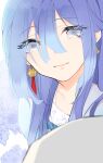  1girl blue_eyes blue_hair closed_mouth earrings eyebrows_visible_through_hair eyes_visible_through_hair floral_print flower genshin_impact guizhong highres jewelry long_hair looking_at_viewer miuseorin simple_background smile tassel tassel_earrings 