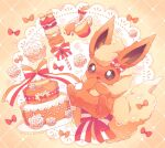  blush bow brown_eyes cake commentary_request flareon flower food gen_1_pokemon heart jippe no_humans open_mouth paws poke_puff pokemon pokemon_(creature) solo striped striped_bow toes tongue 