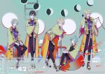  5boys ahoge arm_rest beads bean_bag_chair belt black_hair black_pants black_shoes black_undershirt blonde_hair blue_eyes blue_hair closed_mouth cloud_print copyright_name copyright_notice corded_phone countdown cross-laced_shoes crossed_ankles crossed_arms curtained_hair dated double-parted_bangs egasumi elbow_rest ensemble_stars! from_side full_body getto_spectacle_(ensemble_stars!) gradient_background green_background green_eyes green_hair green_haori grey_background hair_between_eyes hand_on_own_arm hand_on_own_face hand_up hands_on_own_knee hands_on_own_thighs hands_up haori head_rest head_tilt hidaka_hokuto holding holding_phone interlocked_fingers jacket japanese_clothes jewelry kazehaya_tatsumi kimono knee_up lamp long_sleeves looking_at_viewer looking_to_the_side male_focus moon_phases multicolored_jacket multiple_boys narukami_arashi necklace official_alternate_costume official_art open_clothes open_jacket open_kimono open_mouth orange_kimono own_hands_together pants parted_bangs phone print_kimono print_shirt purple_eyes purple_shirt radial_gradient_background shikimi_(yurakuru) shinkai_kanata shirt shirt_tucked_in shoes short_hair sitting smile sneakers standing standing_on_one_leg table tassel tomoe_hiyori white_belt wide_sleeves 