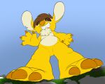  2020 3_toes 4_fingers alien alternate_version_at_source anthro biped brown_claws brown_eyes brown_hair brown_pupils chest_tuft claws disney experiment_(lilo_and_stitch) eye_through_hair fan_character featureless_crotch feet fingers fur gesture grin hair hi_res lilo_and_stitch looking_down low-angle_view macro male notched_ear orange_nose outside pupils smile solo sparky_the_chu standing stitchils toes translucent translucent_hair tuft waving yellow_body yellow_fur 