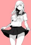  1girl ass_visible_through_thighs blame! blame_gakuen! breasts cibo closed_mouth clothes_lift collarbone greyscale highres long_hair looking_at_viewer monochrome sakuma_tsukasa school_uniform simple_background skirt skirt_lift smile solo 