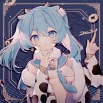  +_+ 1girl 2021 absurdres animal_ears animal_print bangs bell blue_eyes blue_hair blue_nails blue_neckwear blue_sailor_collar breasts chinese_zodiac cow_ears cow_girl cow_horns cow_print cow_tail crop_top earrings eta eyebrows_behind_hair fur-trimmed_jacket fur_collar fur_trim hair_between_eyes highres horns huge_filesize jacket jewelry long_sleeves looking_at_viewer medium_breasts nail_polish necktie new_year off_shoulder open_clothes open_jacket original print_jacket sailor_collar shirt short_eyebrows sleeveless sleeveless_shirt sleeves_past_wrists solo tail thick_eyebrows twintails underboob upper_body white_jacket white_shirt year_of_the_ox 