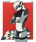 abs absurd_res anthro athletic athletic_anthro athletic_male cheek_tuft clothing crop_top ear_piercing eyebrow_piercing facial_hair facial_piercing facial_tuft fangs fur gauged_ear goatee grey_body grey_fur grin hair half-closed_eyes hi_res legband lukiro male mammal markings muscle_tone narrowed_eyes piercing procyonid raccoon red_background shirt simple_background smile solo striped_markings striped_tail stripes stud_piercing tail tail_markings teeth thong topwear tuft underwear white_hair zaqueo