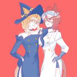  2girls absurdres agnes_tachyon_(umamusume) ahoge animal_ears black_dress black_gloves black_hat brown_hair buttons closed_lab_coat double-breasted dress gloves goggles goggles_on_head hair_between_eyes hand_on_own_hip hat highres horse_ears horse_girl horse_tail jungle_pocket_(umamusume) lab_coat long_sleeves multiple_girls off-shoulder_dress off_shoulder orange_eyes red_background red_eyes seila_rei simple_background sleeves_past_fingers sleeves_past_wrists smile tail umamusume white_background witch_hat 