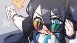  1girl ^^^ absurdly_long_hair adjusting_eyewear aris_(blue_archive) black_hair black_hairband blue_archive blue_eyes blue_necktie bright_pupils hair_between_eyes hairband jacket light_switch long_hair long_sleeves looking_at_viewer necktie one_side_up open_clothes open_jacket sechi_(sechihyeo) shirt solo sunglasses v-shaped_eyebrows very_long_hair video_thumbnail white_pupils white_shirt 