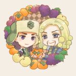  akatsuki19 beard black_hair black_necktie blonde_hair blue_eyes blue_shirt braid chibi collared_shirt commentary_request facial_hair food fruit fur_hat grapes green_sweater green_vest hair_bobbles hair_ornament hat higashikata_norisuke_iv jojo_no_kimyou_na_bouken jojolion long_hair male_focus mamezuku_rai mustache necktie orange_(fruit) purple_eyes shirt smile sweater twin_braids ushanka vest white_shirt 