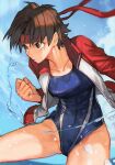  1girl brown_eyes brown_hair clenched_hand competition_swimsuit cowboy_shot hachimaki hairband headband hungry_clicker jacket jacket_over_swimsuit kasugano_sakura long_sleeves looking_to_the_side one-piece_swimsuit open_clothes red_hairband serious short_hair solo street_fighter swimsuit tomboy track_jacket water 