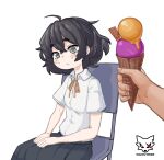  1girl 1other ahoge artist_logo artist_name bag bangs black_hair blind blind_girl_(popopoka) blush borrowed_character chair child closed_mouth commentary crossed_bangs english_commentary food freckles grey_eyes hands_on_own_thighs highres holding ice_cream ice_cream_cone neck_ribbon orange_ribbon original pleated_skirt ribbon shadowfenrir shirt short_hair short_sleeves simple_background sitting skirt solo_focus white_background 