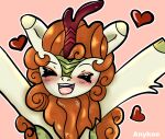 anykoe autumn_blaze_(mlp) blush eyes_closed female feral floating_hearts fluffy friendship_is_magic gesture happy hasbro horn kirin_(mlp) my_little_pony open_mouth signature simple_background solo waving waving_at_viewer