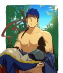  1boy abs bara blue_eyes blue_hair completely_nude cowboy_shot fire_emblem footwear_removed forest ike_(fire_emblem) itto_(mentaiko) lying male_focus muscular muscular_male nature nipples nude on_back pants pants_removed pectorals plant shirt_removed short_hair solo stomach sweatdrop 