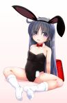  1girl absurdres ahoge animal_ears arms_behind_back backpack bag bare_shoulders black_hair black_leotard bow bowtie bunny_ears commentary_request damubomu detached_collar eyes_visible_through_hair fake_animal_ears flat_chest hair_over_eyes hairband highres knees_apart_feet_together legs leotard long_hair name_tag open_mouth original pink_eyes playboy_bunny randoseru simple_background sitting smile socks solo spread_legs strapless strapless_leotard thighs white_background white_footwear 