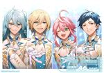  4boys ;d antenna_hair ascot blonde_hair blue_eyes blue_hair blue_vest border braid brooch brown_jacket bun_with_braided_base column_lineup confetti copyright_name copyright_notice countdown dated double-parted_bangs ensemble_stars! fine_(ensemble_stars!) fushimi_yuzuru gloves green_eyes grin hair_between_eyes hair_bun hand_on_own_chest hand_up hibiki_wataru himemiya_tori jacket jewelry long_hair long_sleeves looking_at_viewer male_focus mandarin_collar mole mole_under_eye multiple_boys octagram offering_hand official_alternate_costume official_art one_eye_closed open_mouth parted_bangs pink_hair purple_eyes shirt short_hair short_hair_with_long_locks side_braid sidelocks single_side_bun smile spread_fingers tcb teeth tenshouin_eichi upper_body upper_teeth_only vest white_ascot white_border white_gloves white_shirt 