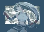  1girl bandaged_hand bandages bare_shoulders black_gloves black_hair black_skirt breasts brown_eyes clenched_hand crop_top earrings elbow_gloves elbow_pads fighting_stance final_fantasy final_fantasy_vii furrowed_brow gloves hair_between_eyes jewelry long_hair low-tied_long_hair medium_breasts michibata_65 midriff miniskirt parted_lips red_gloves shirt single_elbow_pad skirt sleeveless sleeveless_shirt solo suspenders tifa_lockhart white_shirt 