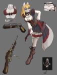  1girl animal_ears animal_nose belt belt_around_waist belt_buckle black_dress blonde_hair boots bow bow_panties bra breasts brooch brown_belt buckle cleavage closed_mouth collared_dress collared_shirt comparison corset double-barreled_shotgun dress english_commentary english_text filigree fox_ears fox_girl fox_tail full_body furry furry_female gfox40400 gold_buttons gold_trim grey_background gun hair_between_eyes high_collar highres holster jewelry lace-trimmed_bra lace-trimmed_legwear lace-trimmed_panties lace-up_boots lace-up_top lace_trim layered_dress layered_skirt leaning_forward leather leather_boots long_hair long_sleeves looking_at_viewer medium_breasts multicolored_dress multiple_views neck_fur original overskirt panties petticoat pleated_dress pleated_skirt puffy_short_sleeves puffy_sleeves purple_eyes red_bra red_dress reference_sheet ribbon rifle shirt short_sleeves shotgun simple_background skirt snout solo steampunk tail thigh_holster thigh_strap thighhighs underbust underwear victorian weapon white_dress white_fur white_panties white_tail zettai_ryouiki 