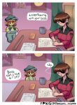 20pesos_sopa :&gt; absurd_res big_breasts black_eyes blush boss_(20pesos_sopa) breasts brown_hair cheek_scar cigarette cleavage clothed clothing coffee_mug comic desk duo english_text eye_patch eyewear facial_scar female furniture gloves goblin green_body green_clothing green_gloves green_handwear green_hat green_headwear green_overalls green_skin hair handwear hat headgear headwear hi_res holding_object holding_pen human humanoid humanoid_pointy_ears inside jacket left-handed lei_(20pesos_sopa) mammal nickelodeon not_furry open_mouth overalls paper pen pointy_ears pupils red_clothing red_jacket red_pupils red_topwear scar sitting spanish_text spongebob_squarepants table text topwear