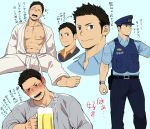  1boy abs alternate_costume bara bare_pecs beer_mug brown_hair collage cup dougi drunk feet feet_out_of_frame haikyuu!! hat itto_(mentaiko) karate_gi male_focus mug muscular muscular_male nipples pectorals police police_hat police_uniform sawamura_daichi short_hair soles spiked_hair sportswear spread_legs stomach sweat translation_request uniform volleyball_uniform 