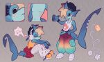 3_fingers absurd_res anthro belt black_hair blonde_hair blue_body blue_skin bottomwear claws clothed clothing electronics femboy fingers fish fully_clothed gills group hair headphones hi_res ichiro_samemoto_(blargen69) listening_to_music mackerel_shark male male_focus margo_baghdasaryan marine model_sheet multicolored_hair musician navel nipples pants shark shark_fin shark_tail skinny thresher_shark torn_clothing two_tone_hair yokai_love_you!
