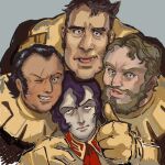  4boys annoyed ascot beard black_bodysuit black_eyes black_hair black_tri-stars bodysuit brown_eyes brown_hair closed_mouth commentary_request facial_hair gaia_(gundam) gloves grey_background grin gundam hair_slicked_back hamadajjrw highres looking_at_viewer m&#039;quve male_focus mash_(gundam) mecha_pilot_suit mobile_suit_gundam multiple_boys mustache normal_suit_(gundam) one_eye_closed open_mouth ortega_(gundam) purple_hair red_ascot scar scar_across_eye scar_on_face short_hair simple_background smile spacesuit thumbs_up yellow_gloves zeon 