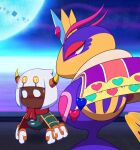  1boy 1girl antennae blush cape girl_staring_at_guy&#039;s_chest_(meme) gloves green_cape heart horns junebird24 kirby:_triple_deluxe kirby_(series) meme moon night night_sky purple_eyes queen_sectonia rayman_limbs red_scarf scarf sky star_(sky) star_(symbol) taranza white_gloves white_hair 