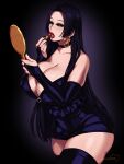  1girl absurdres applying_makeup black_dress black_hair boa_hancock breasts bridal_gauntlets cleavage cosmetics cropped_legs dress earrings elbow_gloves eyeshadow gloves hand_mirror highres huge_breasts jewelry lipstick_tube long_hair makeup mirror one_piece red_lips snake_earrings solo standing succuboos very_long_hair 