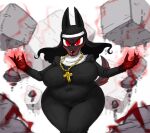  2021 angry anthro big_breasts black_nose breasts canid canine canis clothed clothing cross cross_necklace curvy_figure debris dobermann domestic_dog female fingers jewelry laverne_(sssonic2) mammal necklace nun pinscher red_eyes rock rosary shirtbusters solo solo_focus tagme thick_thighs tight_clothing voluptuous wide_hips 