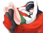  1girl arms_up bangs bean_bag_chair black_hair black_legwear black_neckwear blouse brown_eyes buchikaki closed_mouth commentary dated girls_und_panzer green_skirt hairband half-closed_eye legs long_hair long_sleeves looking_at_viewer lying miniskirt neckerchief no_shoes on_back one_eye_closed ooarai_school_uniform pleated_skirt reizei_mako sailor_collar school_uniform serafuku skirt sleepy socks solo twitter_username white_background white_blouse white_hairband white_sailor_collar 