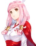  1girl brown_eyes closed_mouth fire_emblem fire_emblem_fates japanese_clothes jurge long_hair mitama_(fire_emblem) pink_hair simple_background solo star-shaped_pupils star_(symbol) symbol-shaped_pupils upper_body white_background 