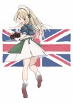  1girl apron blonde_hair blue_eyes blue_sailor_collar cake chocolate_cake dress food from_behind full_body gloves green_apron holding holding_tray jervis_(kancolle) kantai_collection maid_headdress mary_janes matsutani sailor_collar sailor_dress shoes solo tray union_jack white_dress white_gloves 