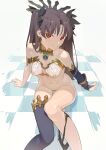  1girl armlet bangs bikini bikini_pull black_hair black_legwear bracelet breasts checkered checkered_floor covered_nipples detached_sleeves earrings fate/grand_order fate_(series) gold_trim hair_ribbon highres hks_(timbougami) hoop_earrings ishtar_(fate) ishtar_(fate)_(all) jewelry long_hair looking_at_viewer maebari medium_breasts mismatched_bikini neck_ring parted_bangs pasties red_eyes ribbon see-through single_detached_sleeve single_thighhigh sitting smile star_pasties swimsuit thighhighs thighlet thighs tiara two_side_up 