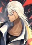  1boy absurdres bangs blonde_hair blue_eyes commentary_request dark_skin dark_skinned_male eyebrows_visible_through_hair god_eater god_eater_3 hair_over_one_eye highres huge_filesize jewelry long_hair male_focus necklace one_eye_closed popped_collar scar scar_across_eye solo soma_schicksal tobi_(pixiv41237754) 