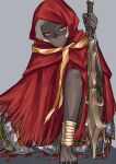  1girl black_nails cloak closed_mouth dark_skin dark_skinned_female fate/requiem fate_(series) grey_background highres kanjou_jouki looking_at_viewer nzambi_(fate) red_cloak red_eyes short_hair simple_background sitting sword weapon white_hair 