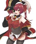  1girl ascot bangs belt black_legwear breasts brown_belt choker cleavage covered_navel deitaku eyebrows_visible_through_hair eyepatch feathers hair_ribbon hat hololive houshou_marine jacket large_breasts long_hair long_sleeves off_shoulder open_mouth pirate_hat pleated_skirt red_eyes red_hair red_skirt ribbon simple_background skirt solo thighhighs twintails virtual_youtuber white_background 