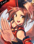  1girl 966 brown_eyes brown_hair china_dress chinese_clothes dress eyelashes fighting_stance guilty_gear guilty_gear_xrd hair_ornament hairclip hands highres kuradoberi_jam looking_at_viewer open_mouth solo_focus 