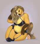  anthro big_breasts bra breasts chubby_female clothing equid equine eyes_closed female feralfelony garter_belt garter_straps hair hi_res hooves horse lingerie long_hair mammal nei_(feralfelony) open_mouth pony simple_background sitting solo thick_thighs underwear yellow_body 