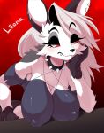  2021 anthro big_breasts black_nose breasts canid canid_demon clothing collar demon ear_piercing ear_ring female hellhound helluva_boss hi_res loona_(vivzmind) mammal nipple_outline piercing red_sclera solo spiked_collar spikes tokumori_kaisen topwear 