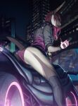  absurd_res acrador anthro butt canid canine canis city cityscape clothing fangs female fingerless_gloves futuristic gesture gloves hair handwear hastogs hi_res highlights_(coloring) jackal long_hair mammal middle_finger motorcycle solo vehicle 