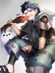  1boy 1other animal asymmetrical_bangs bangs belt blue_hair bodysuit_under_clothes braid braided_ponytail capelet child closed_mouth clothing_cutout cu_chulainn_(fate)_(all) dog earrings eating fangs fate/grand_order fate/grand_order_arcade fate_(series) fgo_moyashi food holding holding_food hood hood_down hooded_capelet jewelry leg_warmers long_hair looking_at_viewer male_focus meat pants ponytail popped_collar puffy_pants puppy red_eyes sandals setanta_(fate) signature simple_background spiked_hair thigh_cutout 