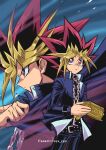  2boys belt black_hair blonde_hair chain closed_mouth commentary_request highres holding jacket long_sleeves male_focus millennium_puzzle multicolored_hair multiple_boys mutou_yuugi pants parted_lips purple_hair school_uniform shirt soya_(sys_ygo) spiked_hair yami_yuugi yu-gi-oh! yu-gi-oh!_duel_monsters 