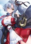  1girl azur_lane bangs bare_shoulders blush bow breasts cleavage commentary_request drake_(azur_lane) eyebrows_visible_through_hair grey_hair hair_bow highres ken_ill large_breasts long_hair ponytail sidelocks silver_hair solo yellow_eyes 