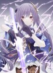  1girl bangs bare_shoulders black_gloves black_legwear braid closed_mouth collared_dress cowboy_shot detached_sleeves double_bun dress film_grain french_braid genshin_impact gloves hair_ornament highres holding holding_sword holding_weapon keqing_(genshin_impact) lightning long_hair looking_at_viewer pantyhose purple_dress purple_eyes purple_hair shirt short_dress short_sleeves sleeveless sleeveless_dress solo sword twintails weapon white_shirt yuzuno_kaori 