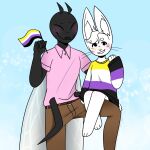  1:1 absurd_res ambiguous_gender anthro arthropod blush daisy-marshmallow daisy_(daisy-marshmallow) dipteran duo hair hi_res holding_up insect lagomorph leporid lgbt_pride male mammal rabbit rob_(daisy-marshmallow) simple_background wings 