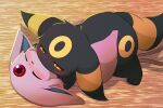  2020 3:2 3_fingers 3_toes amber_eyes ambiguous_gender ambiguous_on_top black_body black_fur blush duo eeveelution espeon eyes_closed feet feral feral_on_feral fingers fur half-closed_eyes hi_res hirochanu looking_at_another lying markings narrowed_eyes nintendo on_top open_mouth orange_eyes pink_body pink_fur pok&eacute;mon pok&eacute;mon_(species) quadruped shaded toes umbreon video_games yellow_markings 