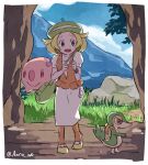  1girl :o aono_wo bag bianca_(pokemon) blonde_hair dress gen_5_pokemon grass green_eyes green_headwear handbag mountain munna open_mouth orange_legwear orange_vest outdoors pokemon pokemon_(creature) pokemon_(game) pokemon_bw rock short_sleeves snivy starter_pokemon tree twitter_username vest white_dress 