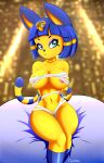  animal_crossing ankha_(animal_crossing) anthro bandage big_breasts blue_eyes blue_hair breasts canister_(artist) clothing collar domestic_cat egyptian felid feline felis female fur hair hands_behind_back hi_res looking_at_viewer mammal nintendo nipples nude sitting solo thick_thighs uraeus video_games wide_hips yellow_body yellow_fur 