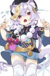  1girl animal_ear_fluff animal_ears bandages bangs bead_necklace beads black_nails blue_shorts braid cat_ears cat_tail deitaku fang genshin_impact hair_ornament hat jewelry jiangshi long_hair long_sleeves nail_polish necklace ofuda open_mouth paw_print pink_eyes purple_hair qing_guanmao qiqi_(genshin_impact) shorts simple_background single_braid snowflakes solo tail tassel thighhighs very_long_hair white_background white_legwear 