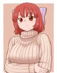  1girl alternate_costume arms_under_breasts bangs beige_sweater blue_bow blunt_bangs border bow breasts brown_background closed_mouth commentary_request crossed_arms expressionless eyebrows_visible_through_hair fingernails hair_bow large_breasts outside_border poronegi red_eyes red_hair ribbed_sweater sekibanki short_hair simple_background solo sweater touhou turtleneck turtleneck_sweater upper_body white_border 